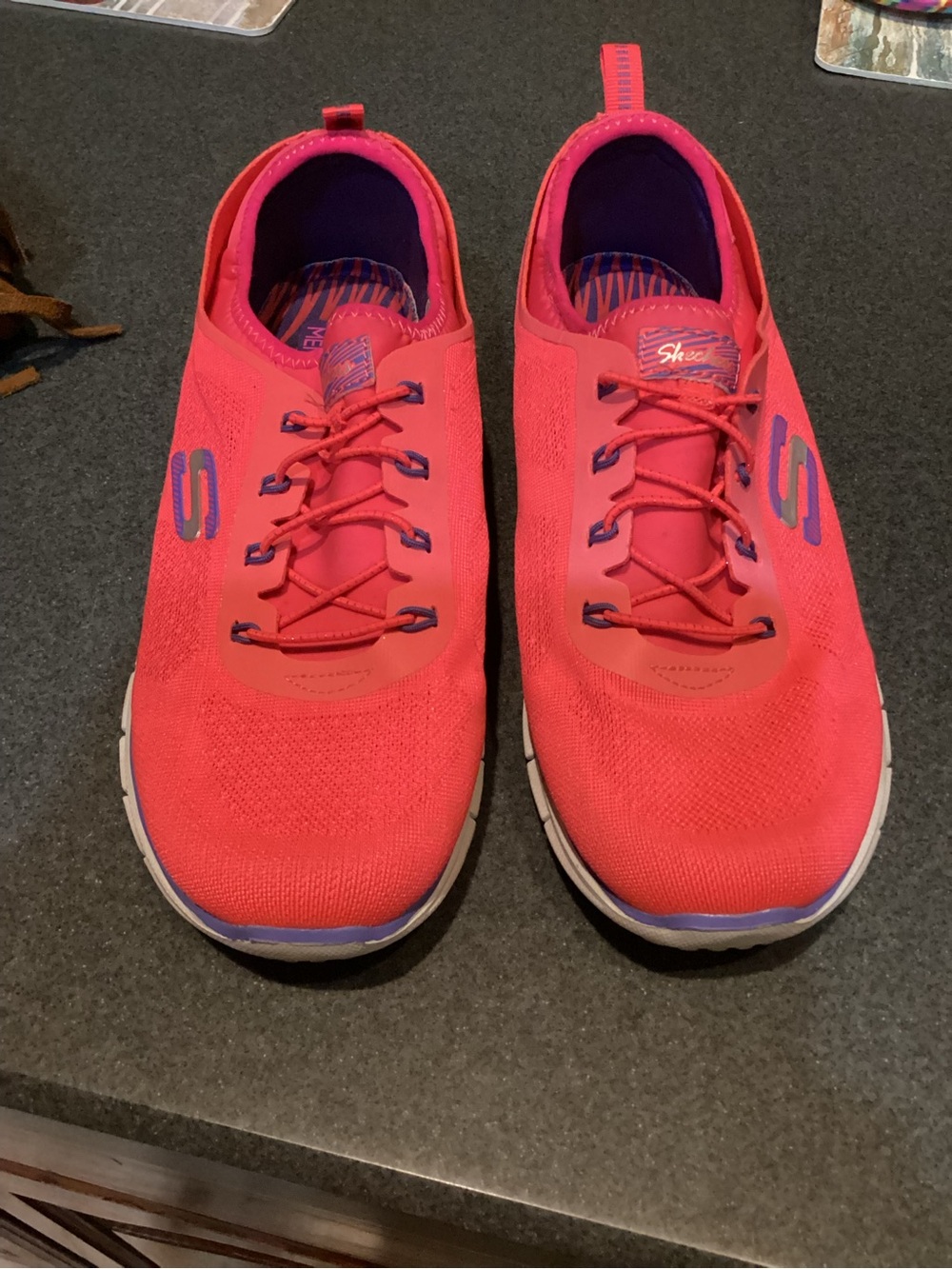 Skechers Women's Bright Coral Slip-On Athletic Sneakers with Purple Accents